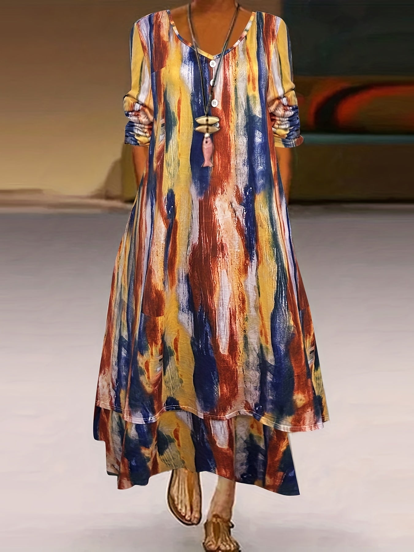  Tie Dye Maxi Dress with V Neck and Pockets