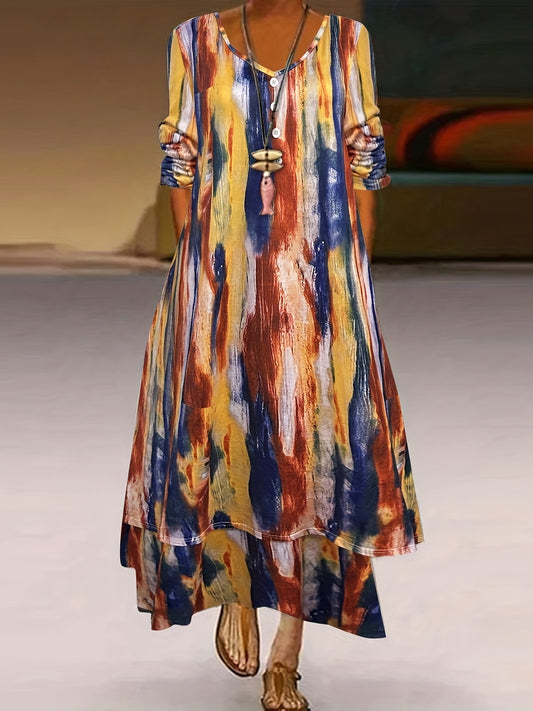  Tie Dye Maxi Dress with V Neck and Pockets