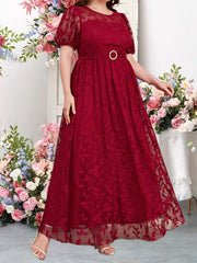 Leaf Lace Puff Sleeve Plus Size Bridesmaid Maxi Dress