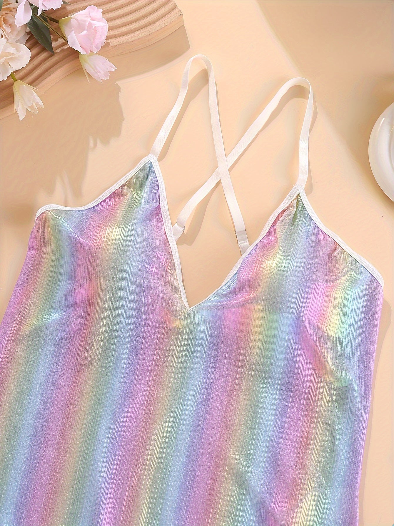  Rainbow Striped Crisscross Back Teddy Bodysuit