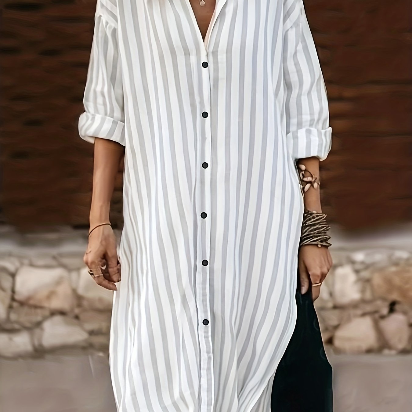 Plus Size Stripe Print Long Sleeve Shirt Dress