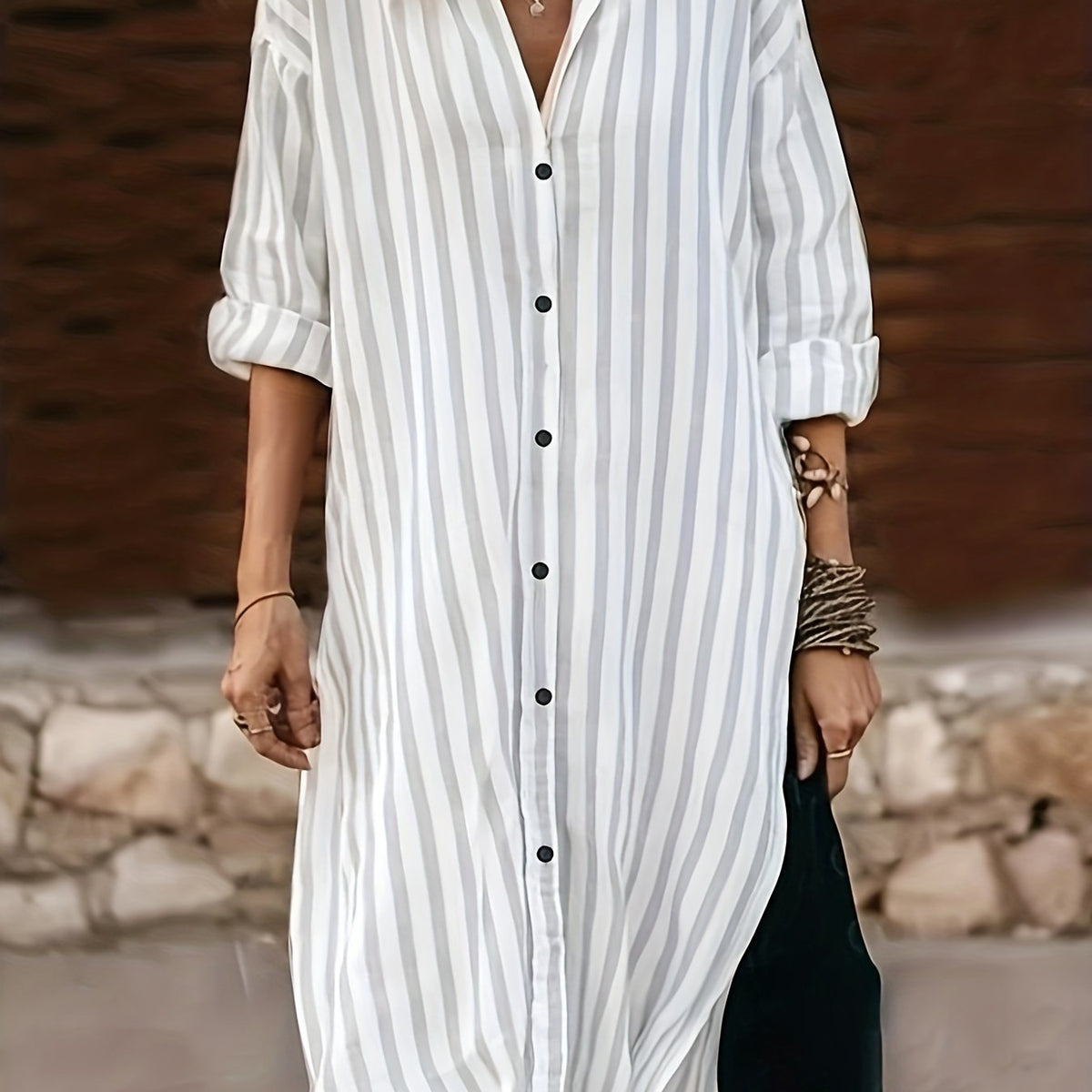 Plus Size Stripe Print Long Sleeve Shirt Dress