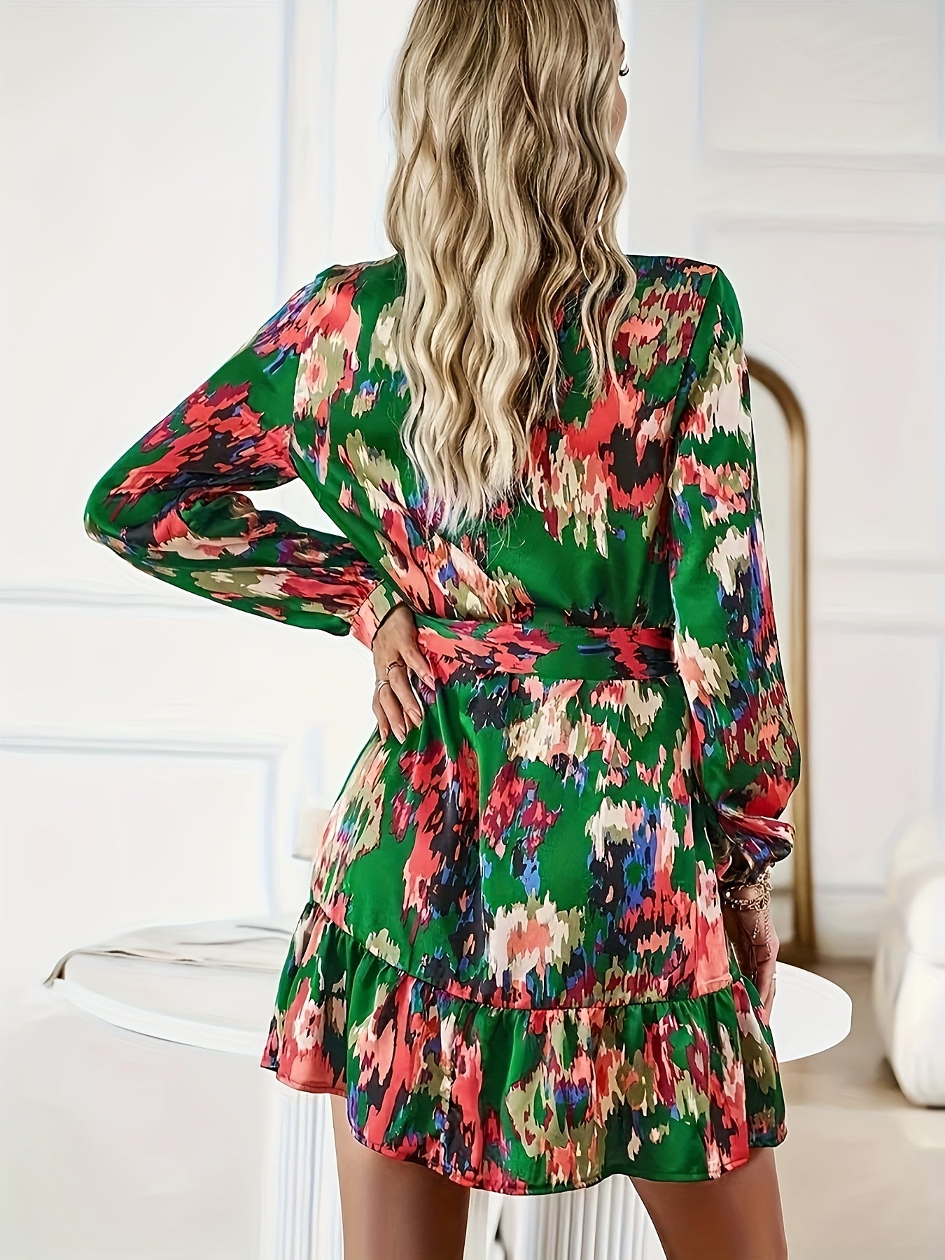  Boho Tie Dye Lantern Sleeve Ruffle Mini Dress