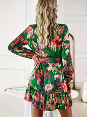  Boho Tie Dye Lantern Sleeve Ruffle Mini Dress