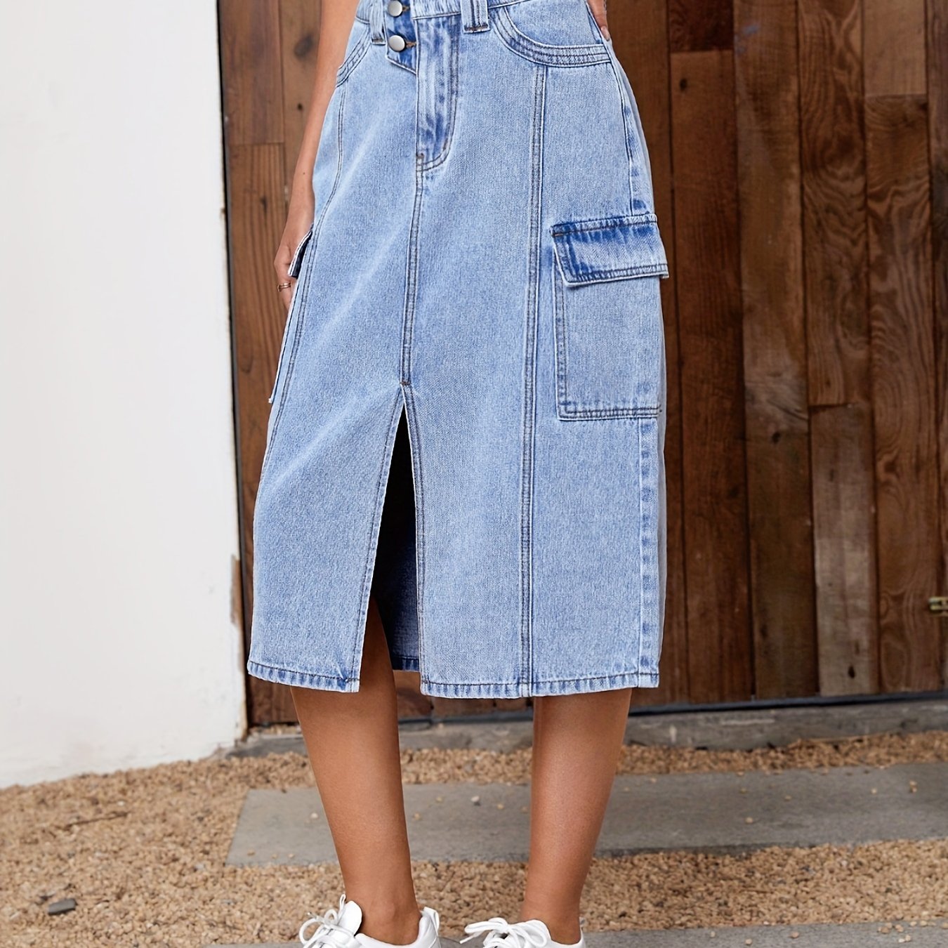 Cargo Denim Skirt with Split Flap Pocket
