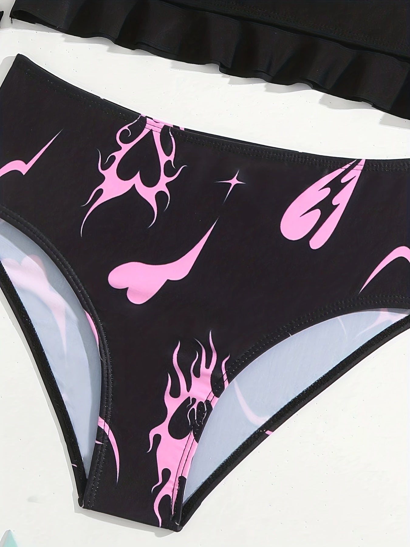 3pcs Girls Fire Heart Bikini Sets Long Sleeve Top Ruffle Trim Briefs