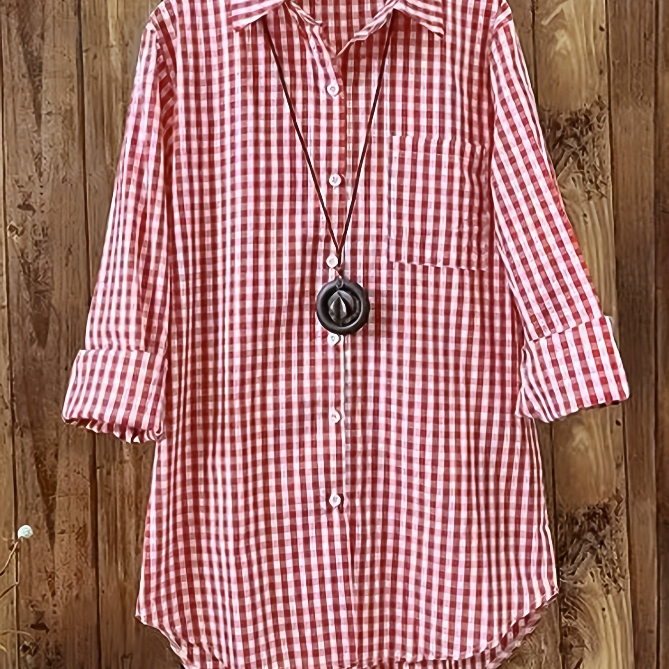  Gingham Print Button Up Long Sleeve Blouse