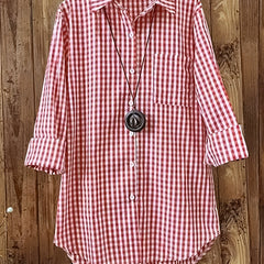  Gingham Print Button Up Long Sleeve Blouse