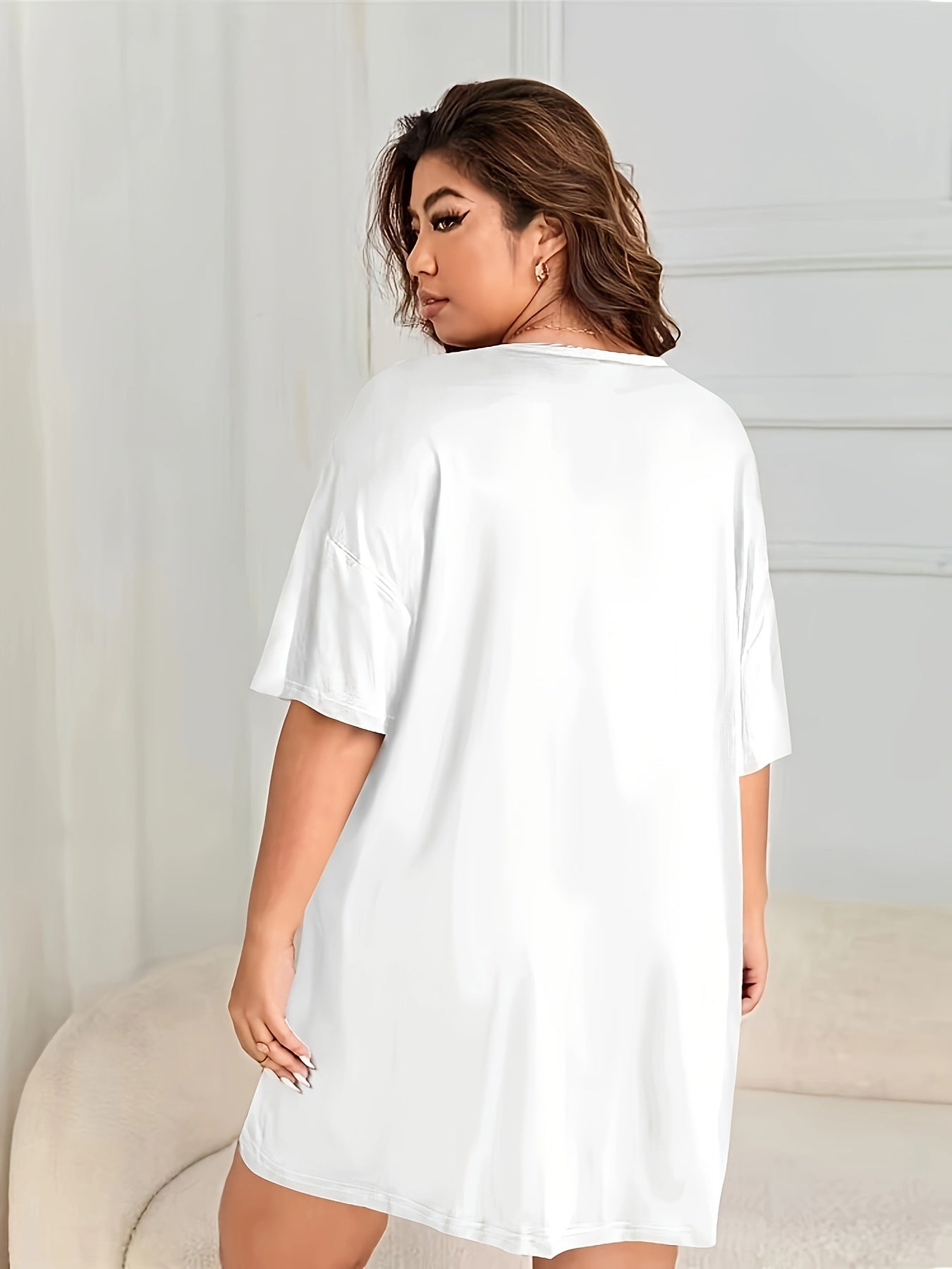  Lamb Print Nightdress Round Neck Short Sleeve Loungewear Dress