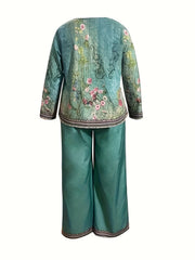  Retro Outfit Set Women's Plus Border Floral Print Round Neck