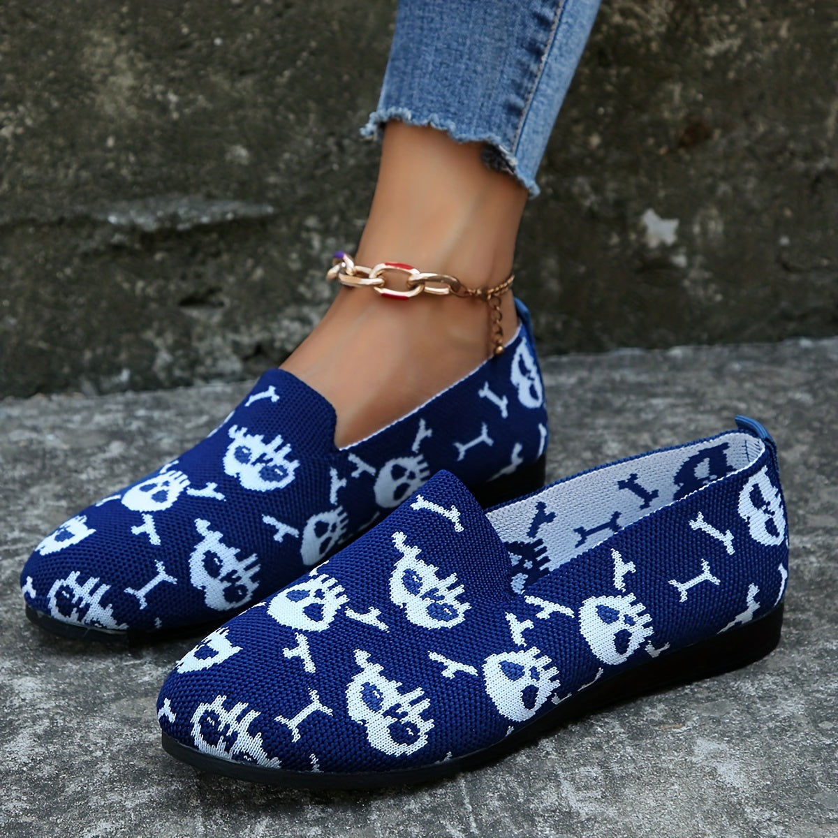 Women's Skull Flat Shoes Low Top Slip On Knit Mesh Halloween Shoes