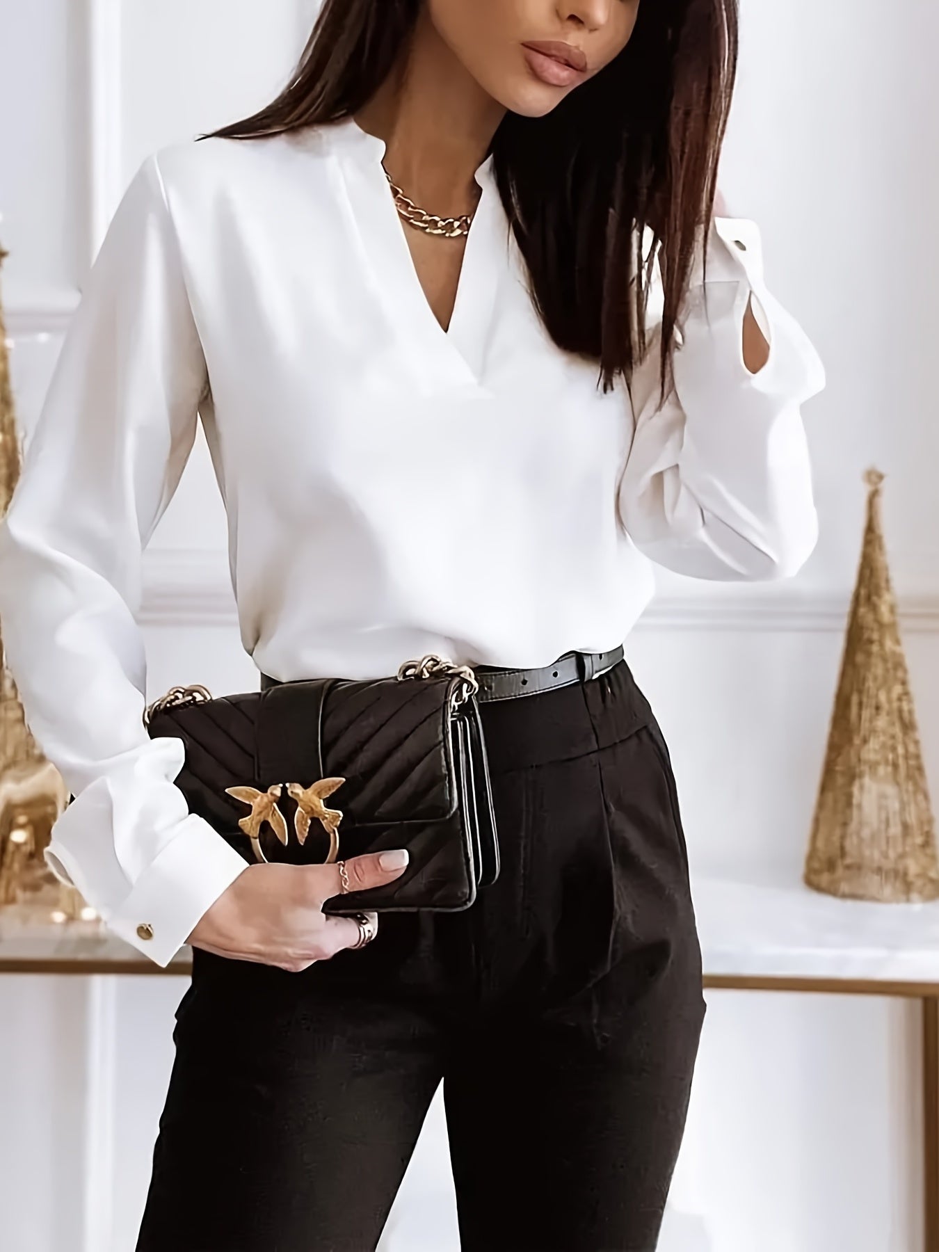  Blouse Women's Plus Solid Long Sleeve Notched Neck Workwear Top