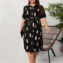 Feather Print Short Sleeve Button Up Shirt Dress