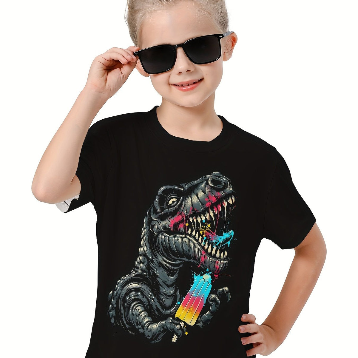 Girls 3D Dinosaur & Ice Cream Crew Neck T-shirt Summer Clothes