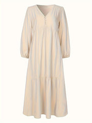  Solid Button Up V Neck Smock Maxi Dress