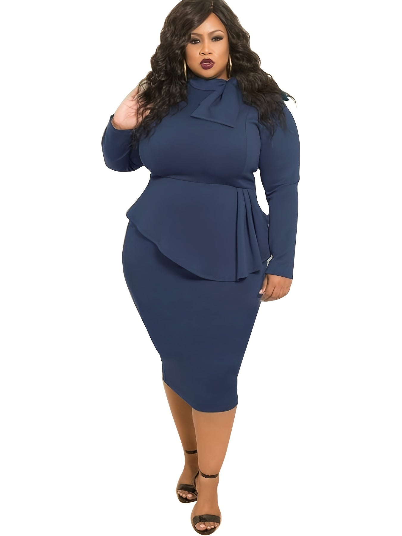  Solid Knot Long Sleeve Midi Dress Women's Plus Dress