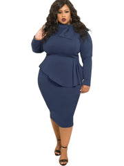  Solid Knot Long Sleeve Midi Dress Women's Plus Dress