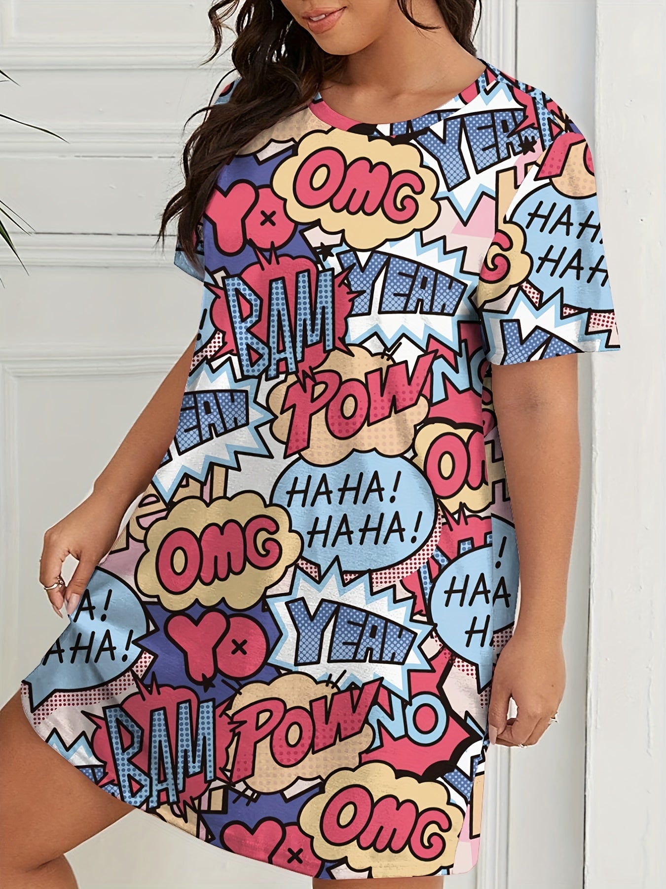  Pop Art Print Round Neck Sleep Dress