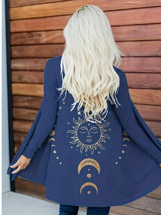  Moon & Sun Print Cardigan Long Sleeve Open Front Casual Stretch