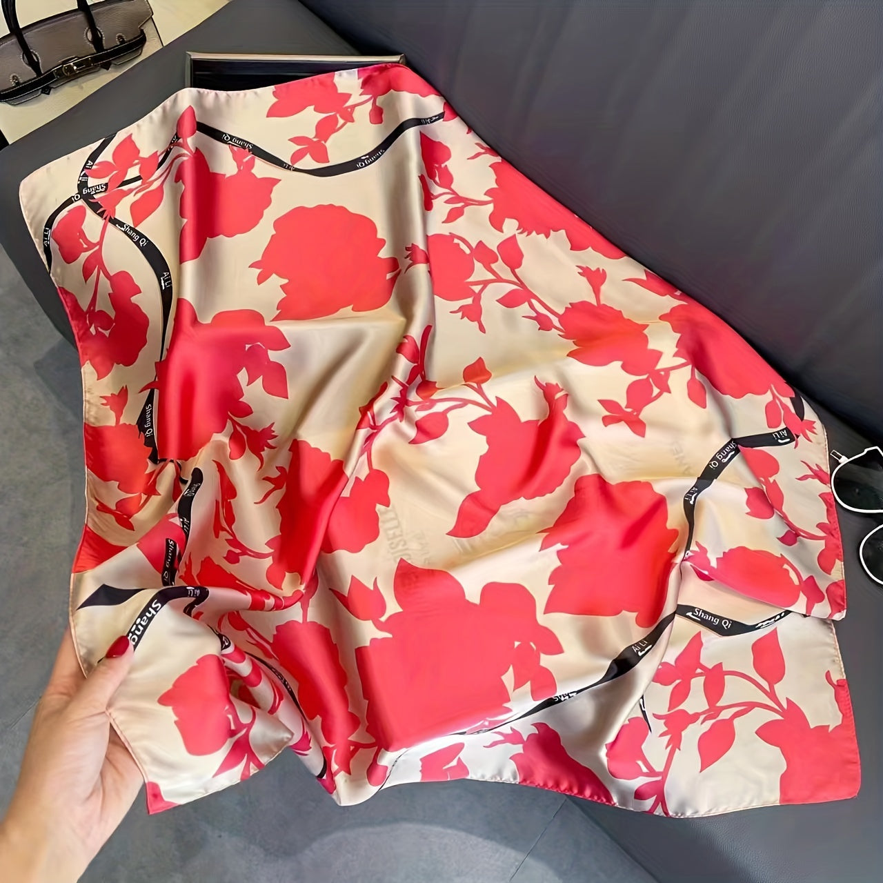 Flower Print Square Scarf Silk Shawl Women Head Wrap Satin Sunscreen