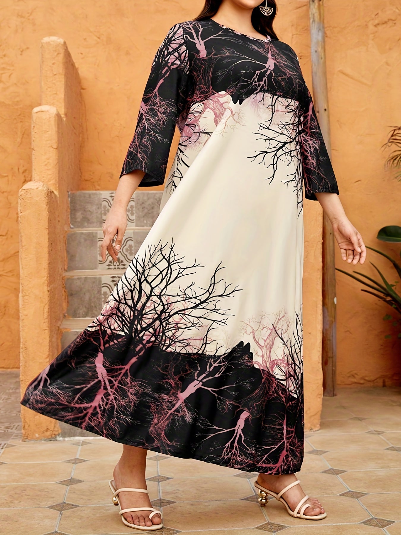  Colorblock Branch Print Maxi Dress