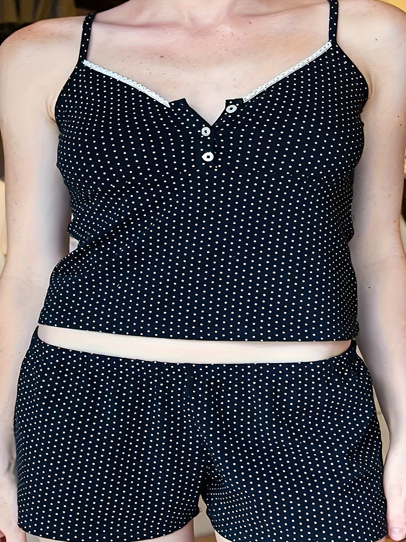  Pin Dot Print Lace Trim Cami Top & Shorts Pajamas Set