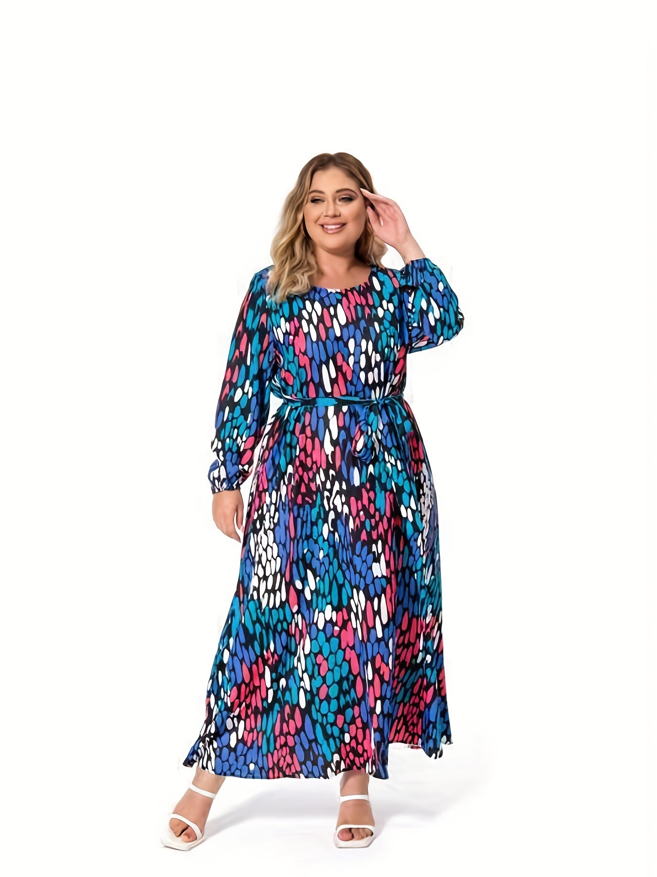  Women's Allover Print Maxi Dress With Belt