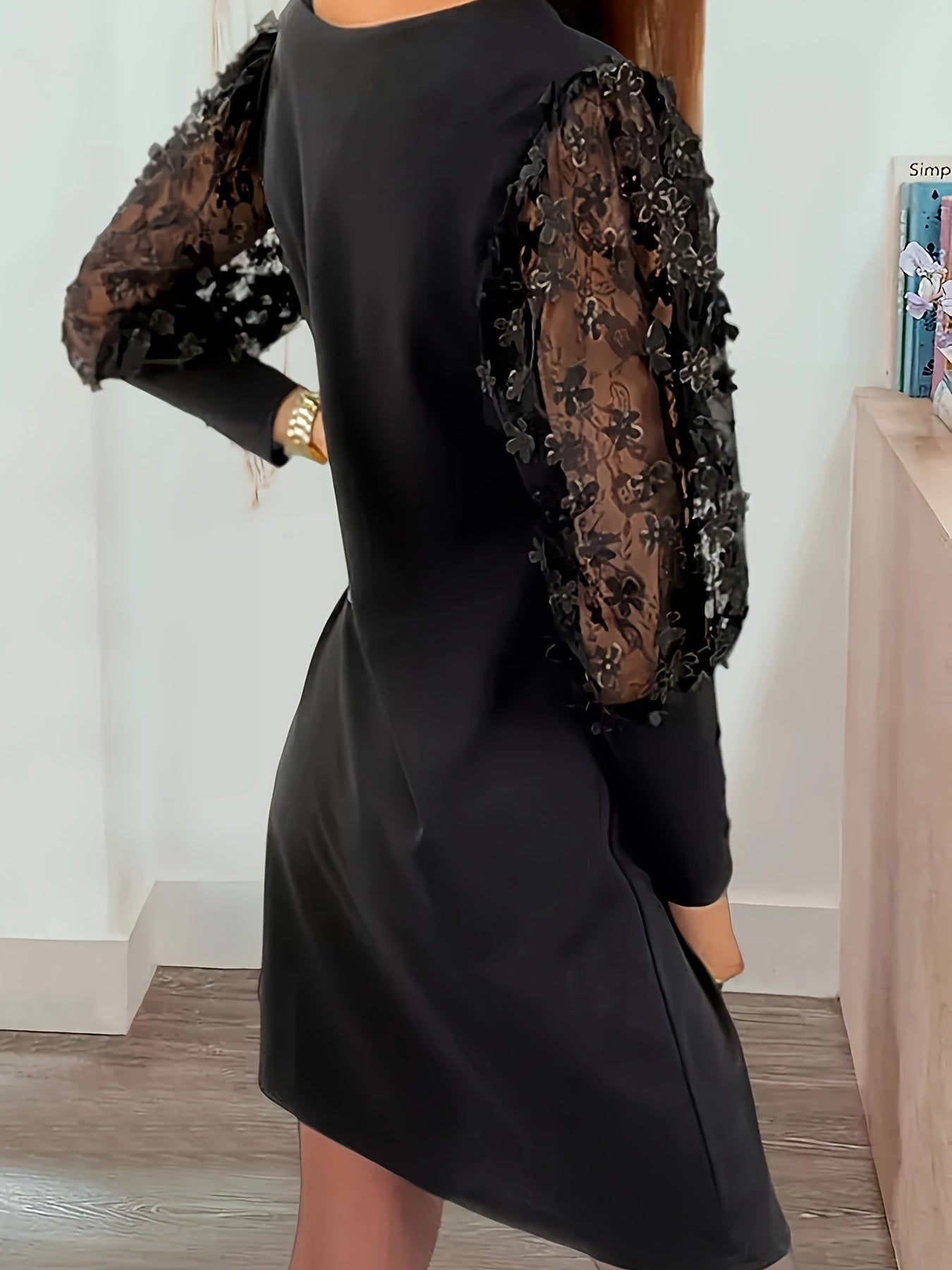  Casual Dress Solid Lace Lantern Sleeve Dress