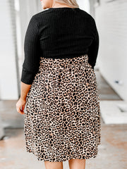  Colorblock Leopard Print Ribbed Long Sleeve Round Neck Dress