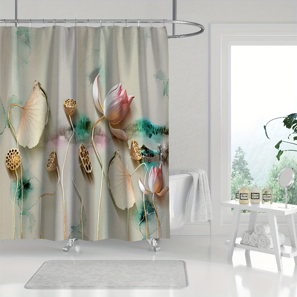 Lotus Pattern Shower Curtain Waterproof Polyester Bath Curtain