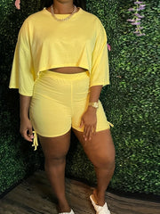  Solid Crew Neck Crop Top & Shorts Set