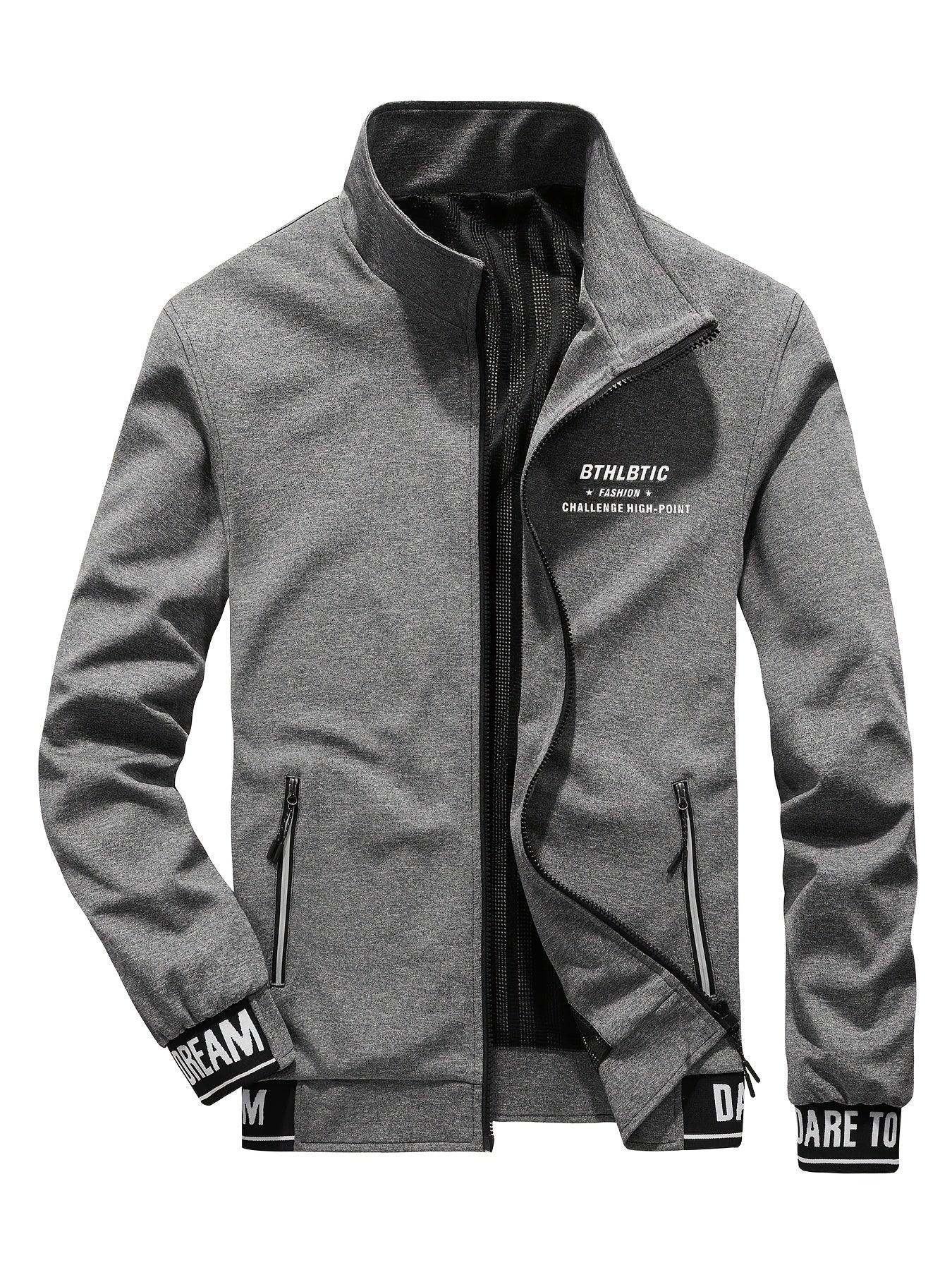 Men's Slim Fit Alphabet Print Zipper Stand Collar Jacket