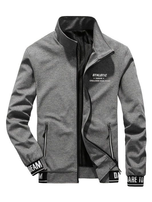 Men's Slim Fit Alphabet Print Zipper Stand Collar Jacket