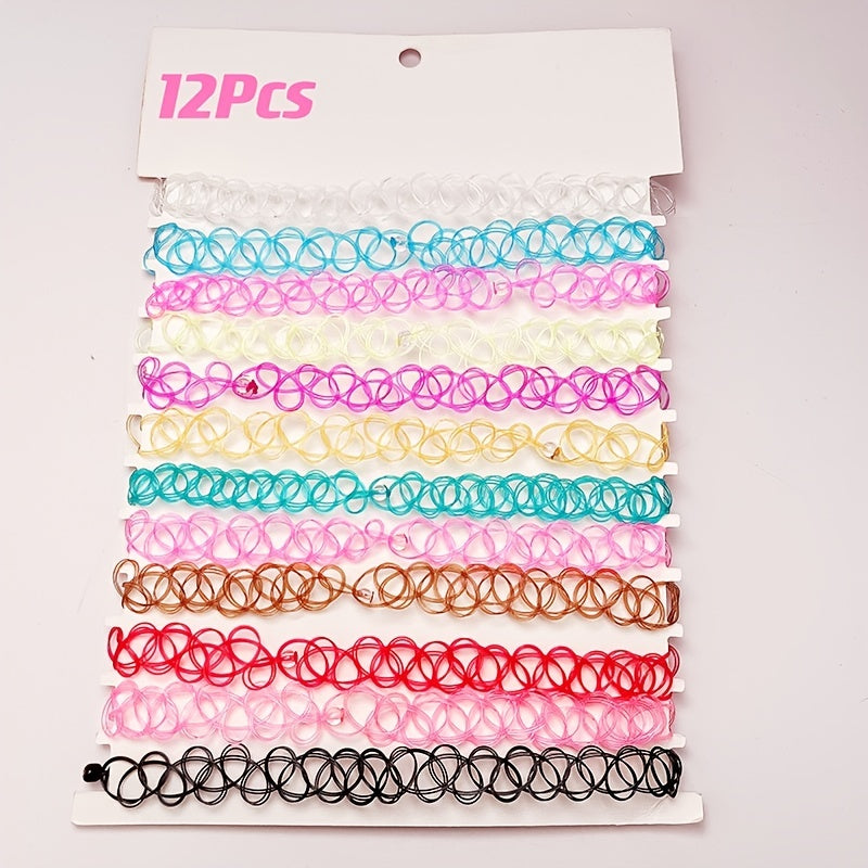 12pcs Chokers Pendant Stretch Elastic Jewelry Henna Tattoo Cosplay Hair Accesor