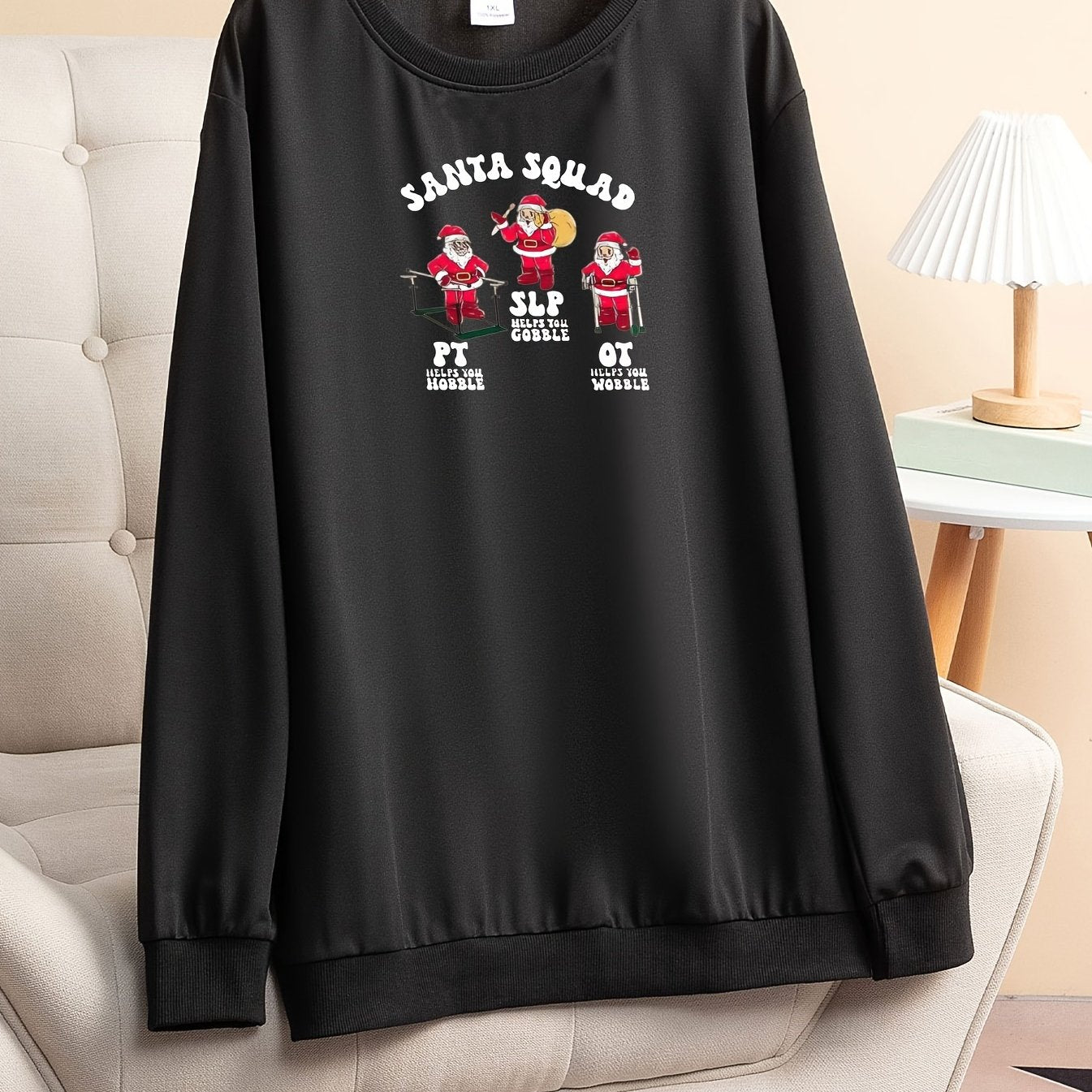  Christmas Lounge Top Women's Plus Santa Claus Print Long Sleeve