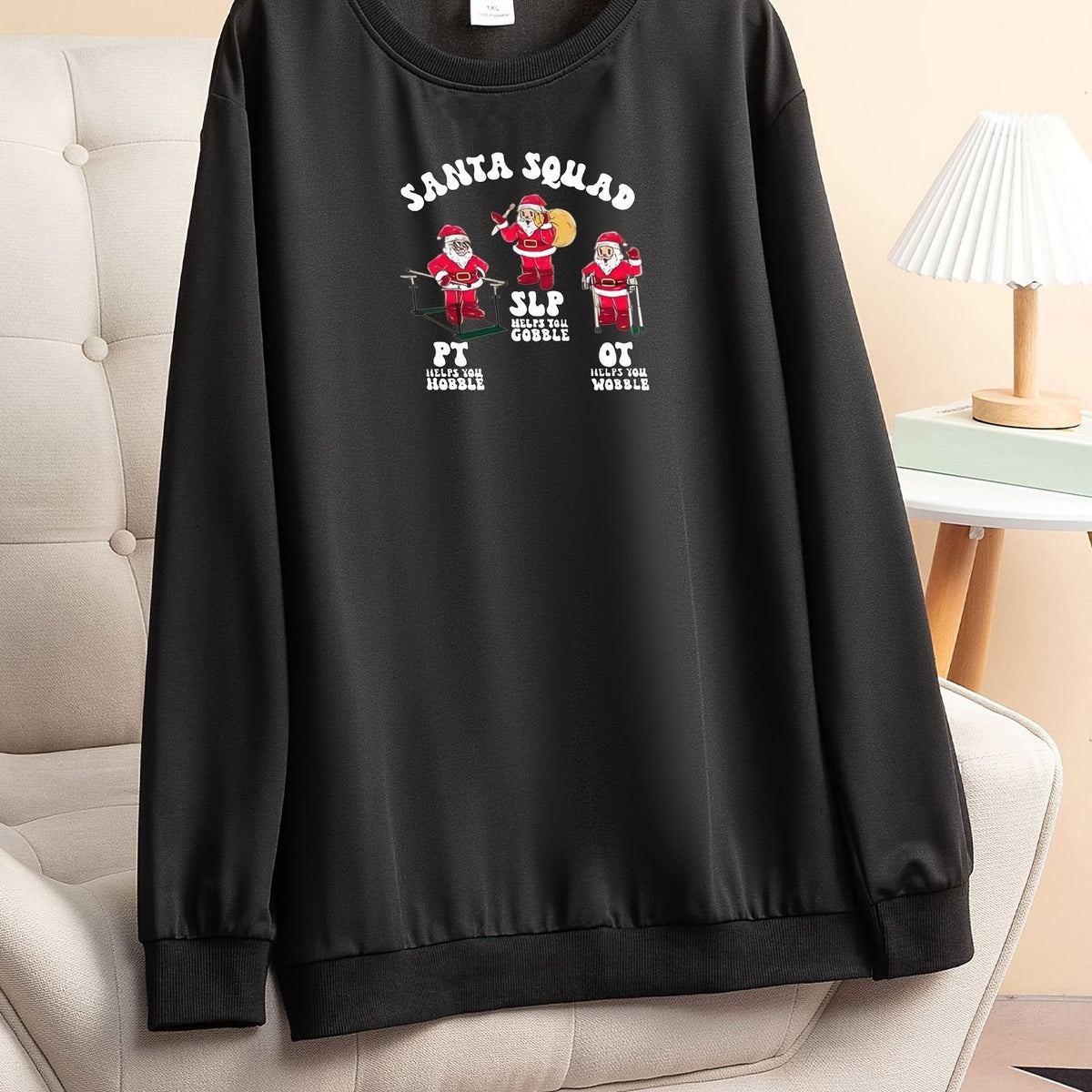  Christmas Lounge Top Women's Plus Santa Claus Print Long Sleeve