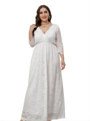  Lace Deep V Neck 3/4 Sleeve Wedding Maxi Dress