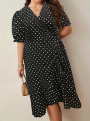  Polka Dot Print Puff Sleeve Wrap Dress