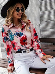  Floral Print Button Up Long Sleeve Blouse