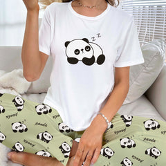 Cartoon Print Pajama Set & Crew Neck Top & Lounge Pants Women's Sleepwear