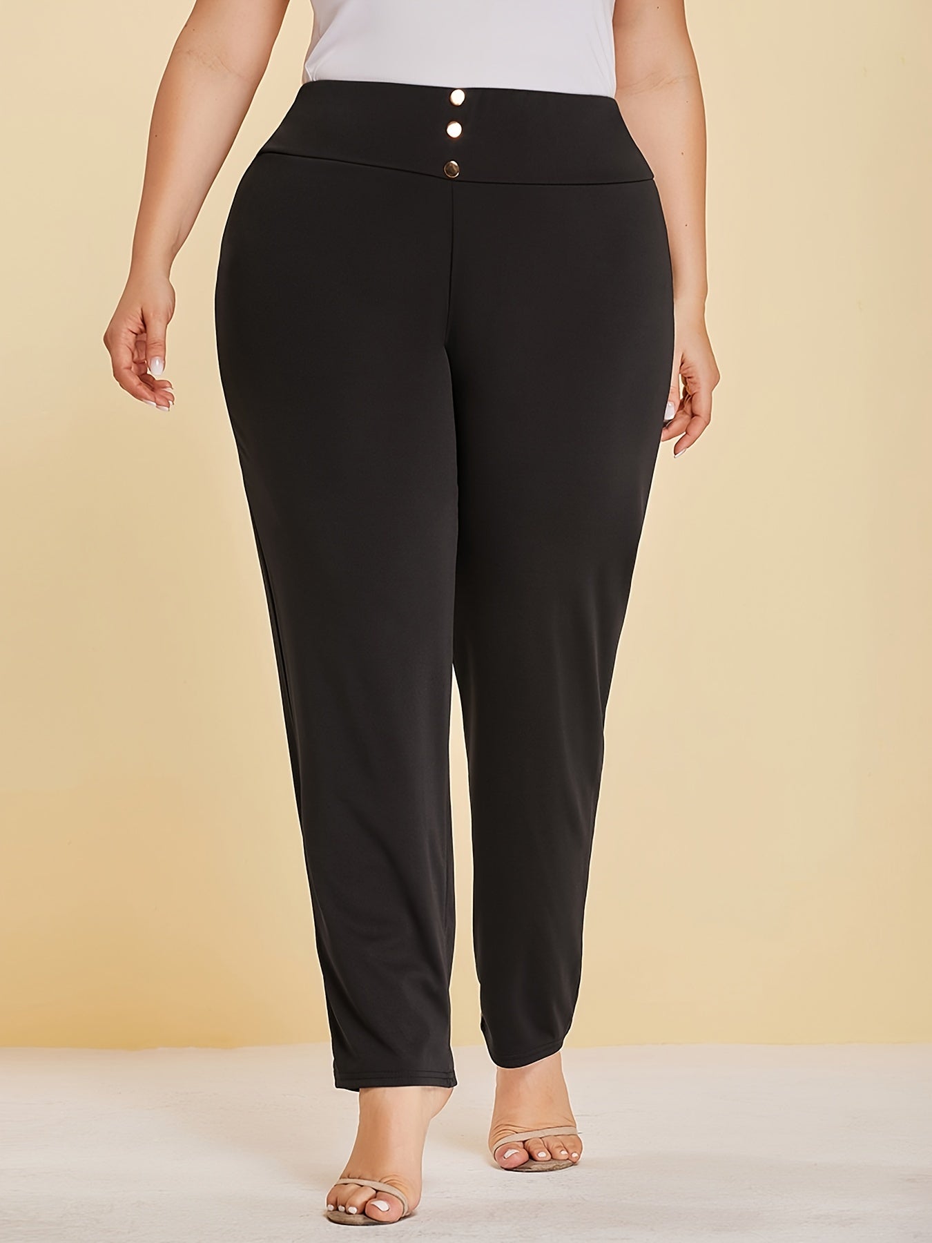  High Rise Button Decor Stretch Pants