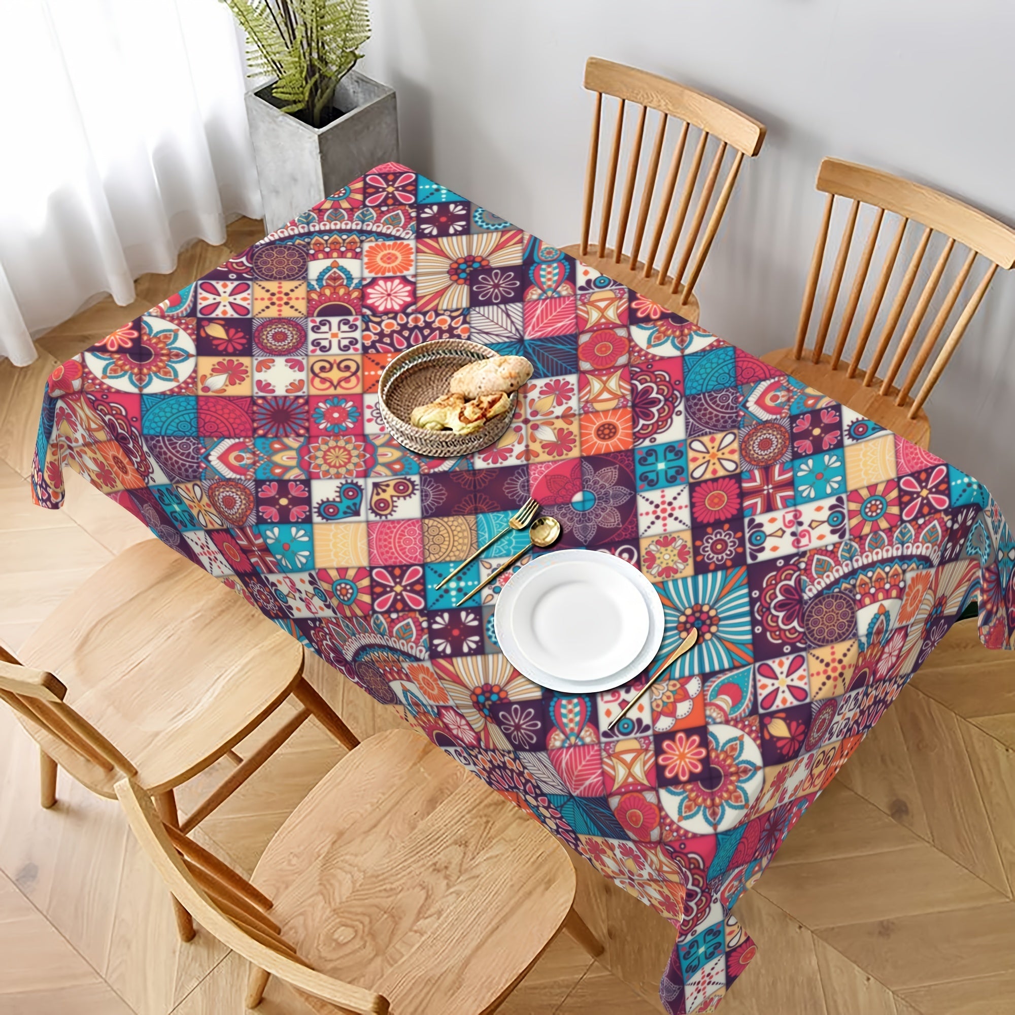 Boho Style Rectangle Tablecloth Geometric Design Washable
