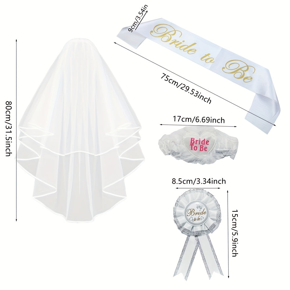 4pcs Bridal Veil Set with Golden Embroidery & Accessories