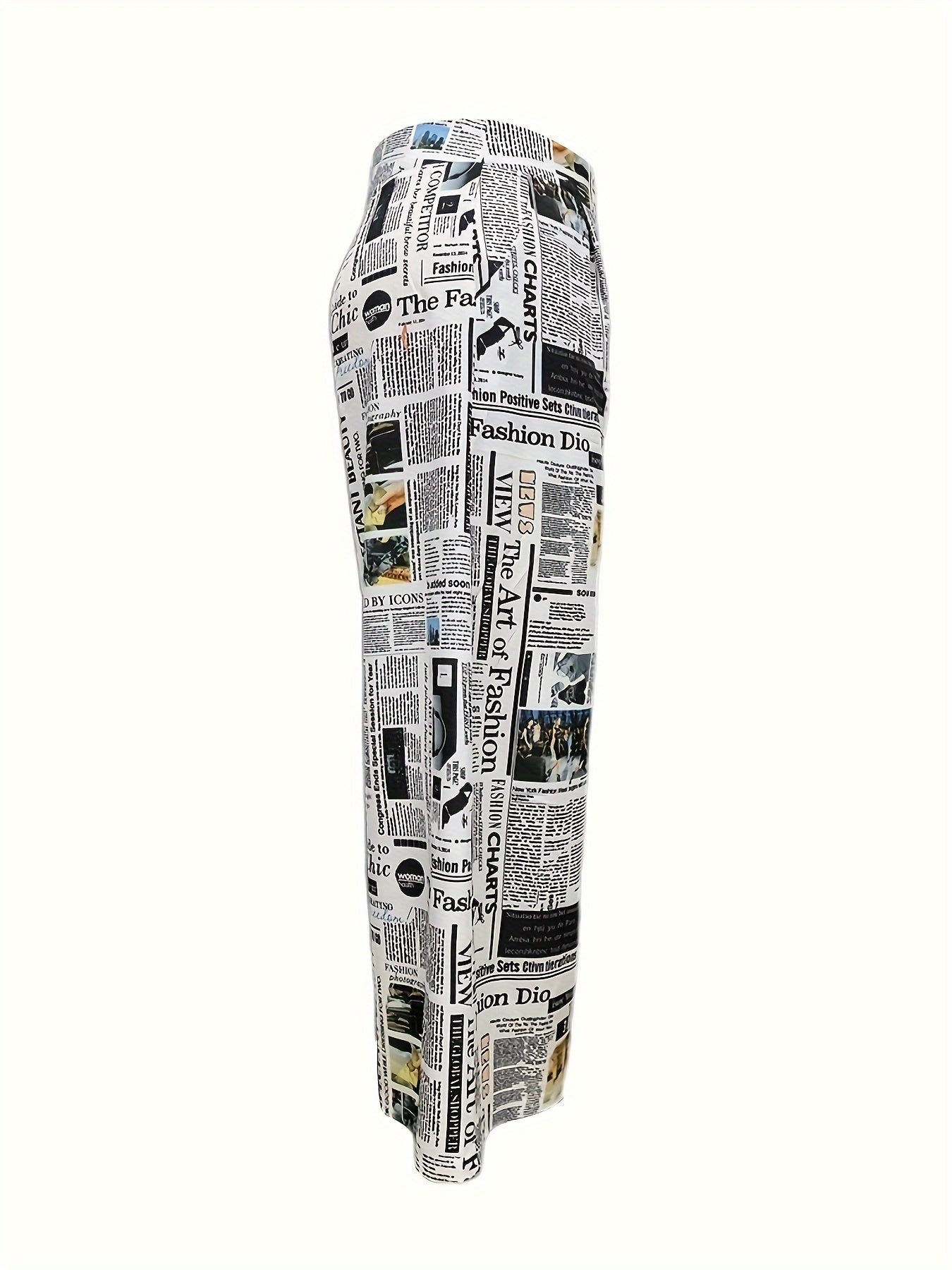Newspaper Print Wide Leg Trousers High Rise Elastic Waist