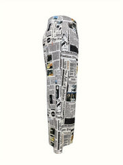 Newspaper Print Wide Leg Trousers High Rise Elastic Waist