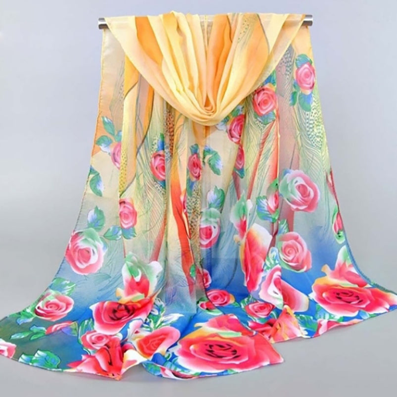 Floral Chiffon Silky Scarf Sun Protection Seaside Beach Scarf