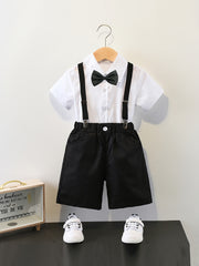 Boys Gentleman Outfit Button Bowtie Short Sleeve Shirt & Suspender Shorts Set