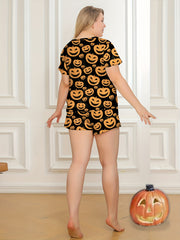  Halloween Pajama Set Women's Pumpkin Print Tee & Shorts Loungewear