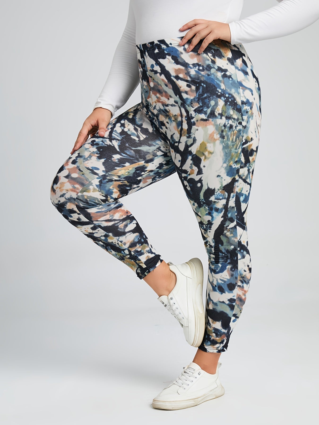  High Rise Random Print Leggings Women's Plus High Stretch Boho Skinny