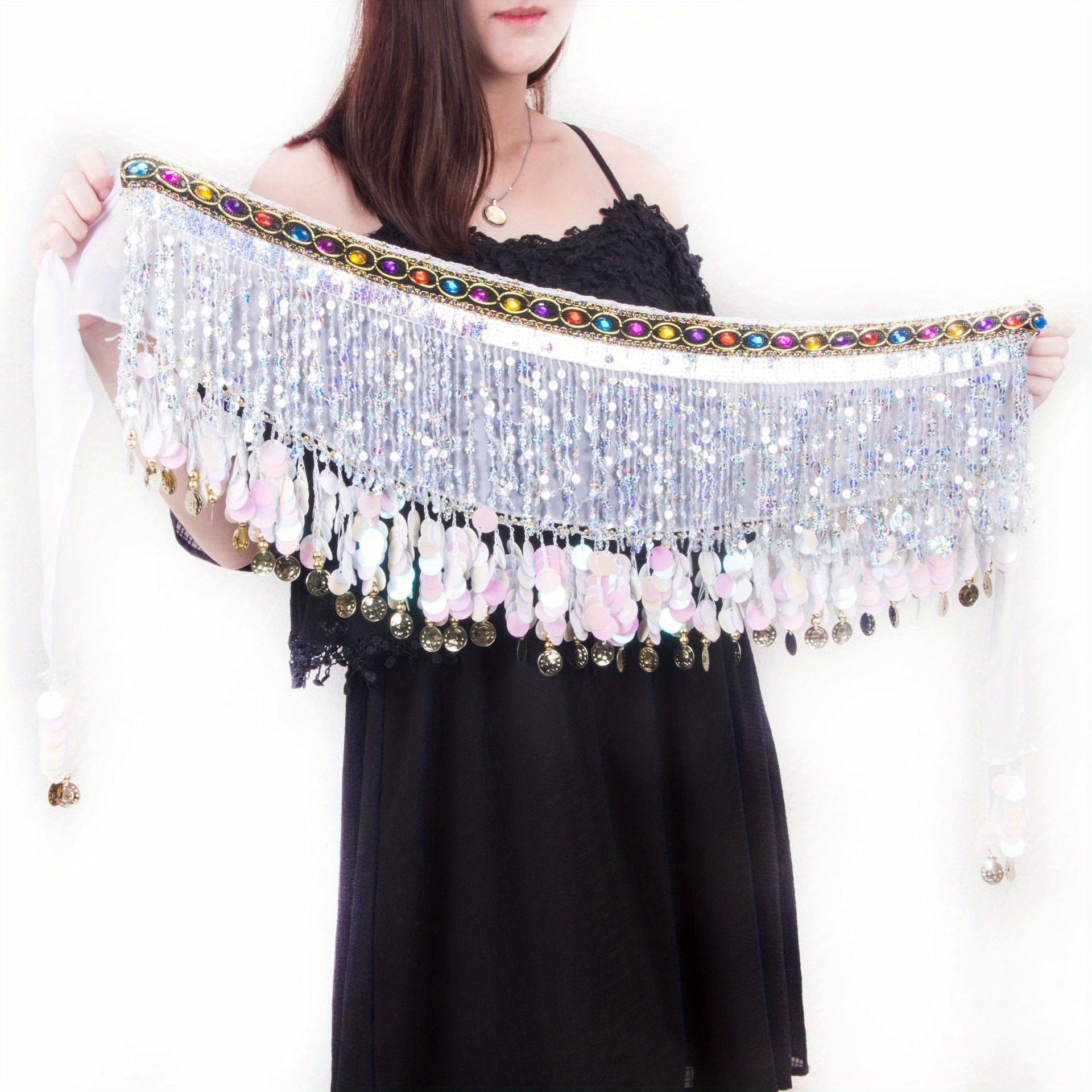 Boho Belly Dance Hip Scarf Long Tassel Gem Belt Indian Dance Girdle